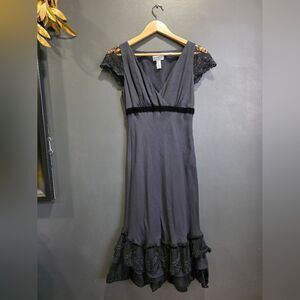 LOFT Silk Flounce Lace Ruffle Whimsigoth Dark Romance Coquette Black Dress Sz 0